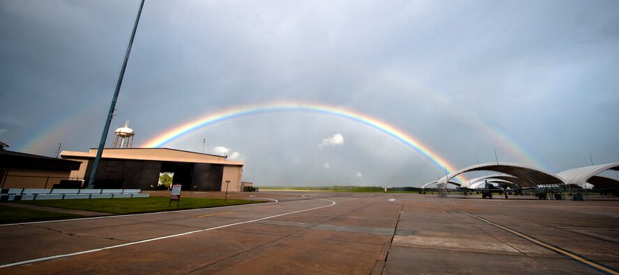 A double rainbow stretches over the Moody Air Force Base, Ga., flight line after five A-10C Thunderbolt II pilots from the 74th Fighter Squadron returned home from a deployment Oct. 11, 2011. The pilots supported Operation Enduring Freedom during a six-month deployment to Kandahar Air Field, Afghanistan. More than 300 maintenance Airmen returned home from the same deployment a week prior. (U.S. Air Force photo by Staff Sgt. Jamal D. Sutter/Released)