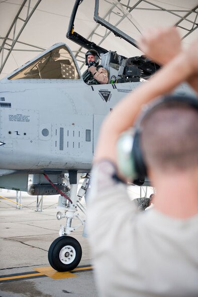 U.S. Air Force Lt. Col. James Clark, 74th Fighter Squadron commander, parks his aircraft after redeployment Oct. 11, 2011, at Moody Air Force Base, Ga. Clark and the four other A-10 pilots were part of a six-month deployment to Kandahar Air Field, Afghanistan. (U.S. Air Force photo by Staff Sgt. Jamal D. Sutter/Released) 