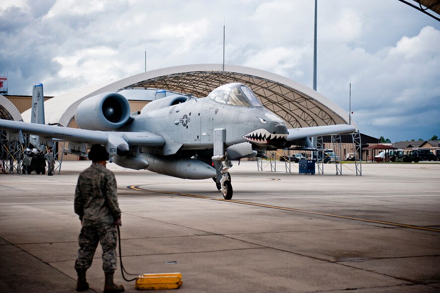 An A-10C Thunderbolt II operated by U.S. Air Force Lt. Col. James Clark, 74th Fighter Squadron commander, makes its way to a stopping point Oct. 11, 2011, at Moody Air Force Base, Ga. Clark flew the A-10 in support of U.S. and coalition ground forces during a six-month deployment at Kandahar Air Field, Afghanistan. (U.S. Air Force photo by Staff Sgt. Jamal D. Sutter/Released) 