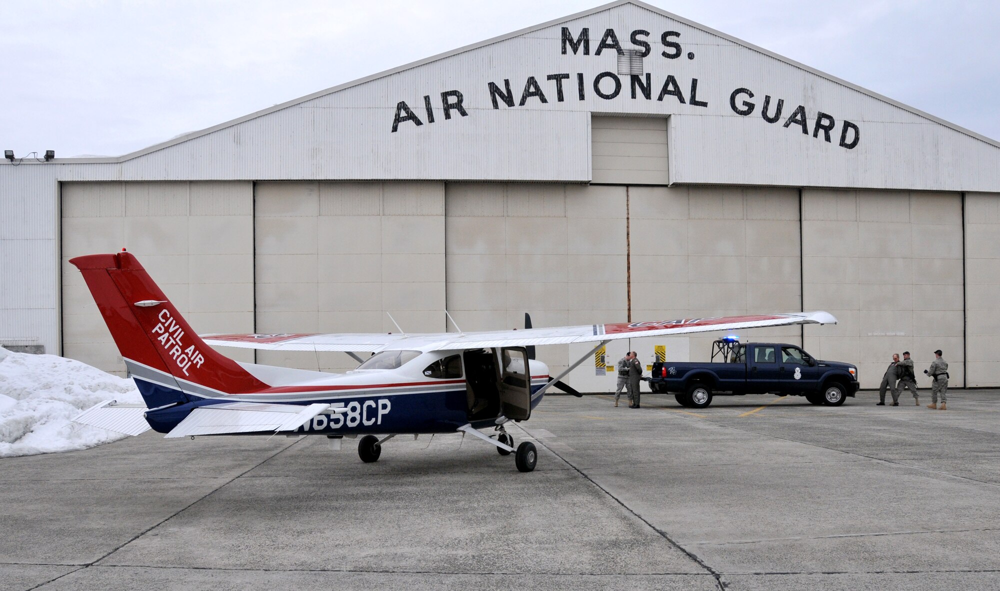 Security Forces from Barnes Air National Guard Base in Massachusetts “apprehend” the crewmembers of a Civil Air Patrol aircraft during an intercept training mission. Civil Air Patrol helps Aerospace Control Alert units train for scrambles and intercepts by providing a track of interest. (Courtesy photo)