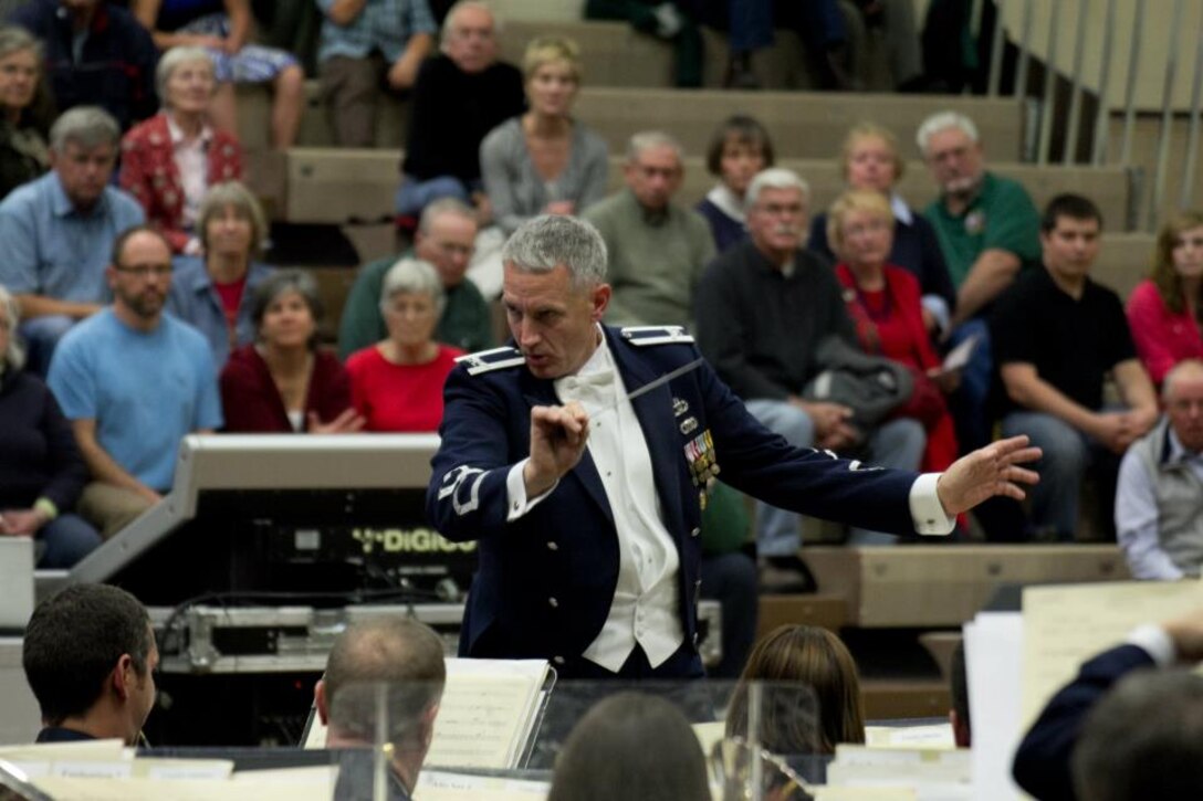 Col. A. Phillip Waite leads members of the USAF Concert Band at a concert in Livingston, Mont. on October 10.