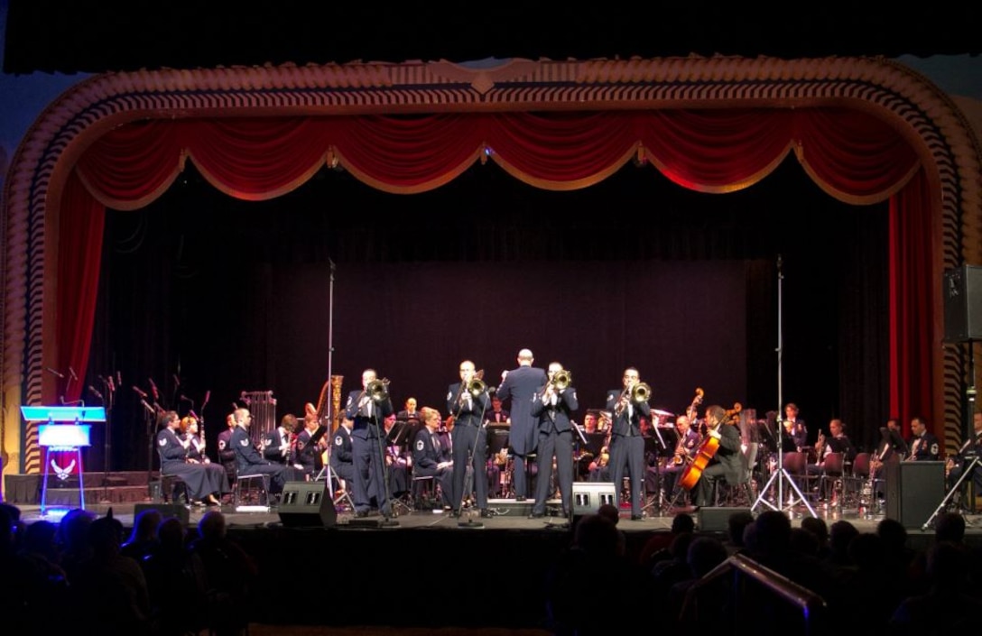 The USAF Concert Band trombone section comes out front for a featured performance on the song Malaguena at the Helena Civic Center Chase Patrick Auditorium in Helena, Mont.
