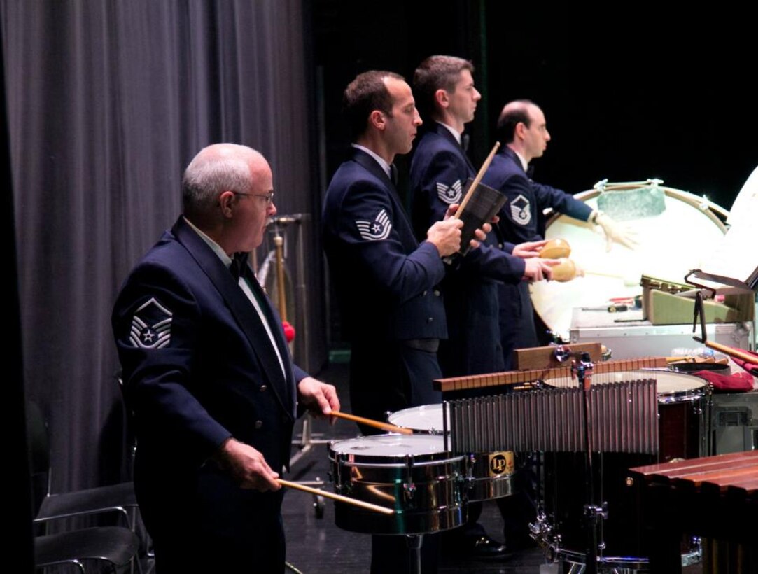 The USAF Concert Band percussion section sets the groove during a concert on October 8 at the Helena Civic Center Chase Patrick Auditorium in Helena, Mont.