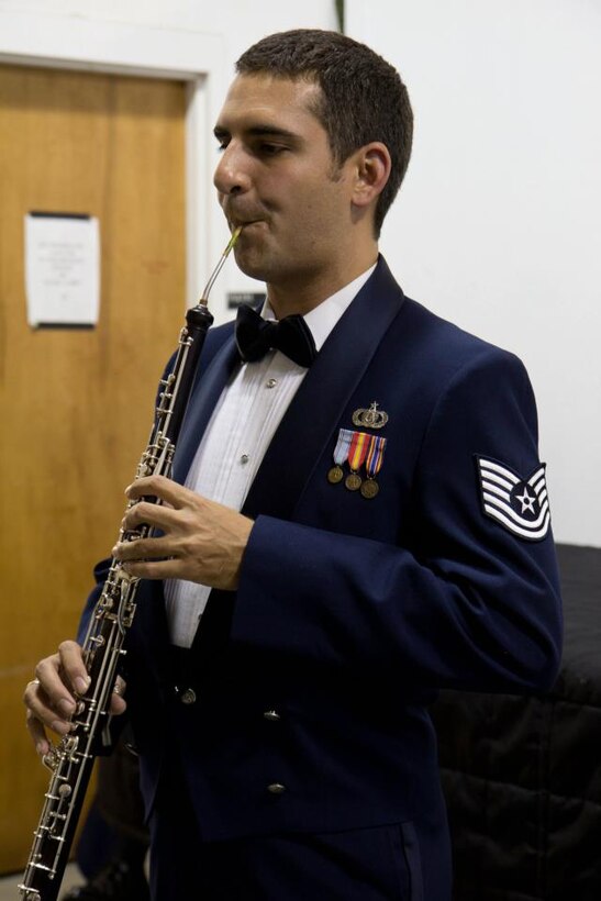 TSgt Kevin Darrow warms up before the concert on October 6 at the University of Montana.