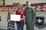 Merilyn Gove (left), general manager of Randolph’s clubs, presents Marie Tillema,
daughter of Col. Michael Tillema (right), Air Force Recruiting Service strategic marketing
and communications division headquarters chief, with a $1,000 scholarship from
Air Force Services Agency Sept. 23. Awarding of scholarship money was based on a
written essay of no more than 500 words titled, “Why is air superiority critical today?”
U.S. Air Force photo by David Niebergall