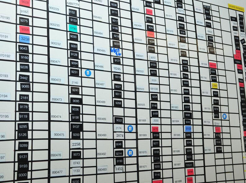 The engine tracking board at the 4th Equipment Maintenance Squadron non-destructive inspection (NDI) lab helps Airmen identify which engines are in service, when they were last inspected and their current flying mileage. The NDI flight performs x-rays and inspections on equipment such as engines, panels and other parts that can have damages that are undetected by the human eye. (U.S. Air Force photo by Senior Airman Marissa Tucker)