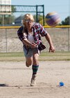 Mel Turner, 90th Security Forces Squadron commander, throws a pitch during the 2nd Annual Global Strike Kickball Tournament held here Sept. 30. (U.S. Air Force photo by Matt Bilden)