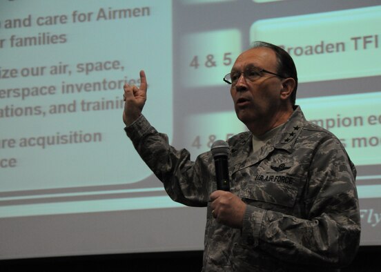 Lt. Gen. Charles E. Stenner Jr., the chief of the Air Force Reserve and commander of Air Force Reserve Command, makes remarks during a town hall meeting for 919th Special Operations Wing Airmen in Duke Field’s base theater Oct. 6.  Stenner visited Duke Field during his whirlwind East Coast Tour to more than a dozen of his Reserve units.  (U.S. Air Force photo/Tech. Sgt. Cheryl Foster) 