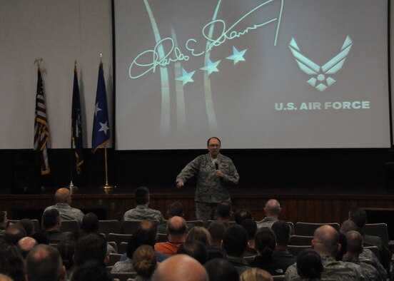Lt. Gen. Charles E. Stenner Jr., the chief of the Air Force Reserve and commander of Air Force Reserve Command, invites questions during his town hall meeting for 919th Special Operations Wing Airmen in Duke Field’s base theater Oct. 6.  Stenner visited with Duke Field’s Citizen Airmen and addressed their concerns about the future during his whirlwind East Coast Tour to more than a dozen of his Reserve units. (U.S. Air Force photo/Tech. Sgt. Cheryl Foster) 