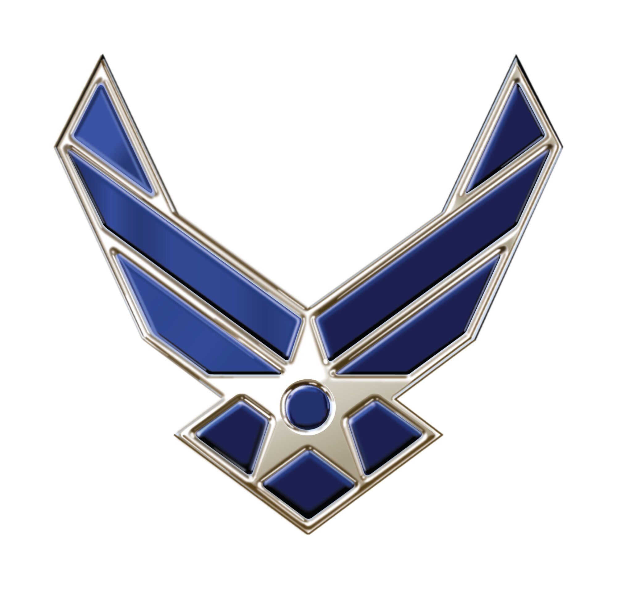 Air Force symbol, blue chrome. The Air Force Symbol is a registered trademark (No. 2,767,190) of the USAF. Permission to use it for commercial use and advertising (free or paid) is required. The use of this trademark for commercial purposes, including reproduction on merchandise, is expressly prohibited unless the producer has a fully executed license agreement with the Air Force. Use is governed by the terms of the agreement. <a href="http://www.trademark.af.mil/shared/media/document/AFD-100728-052.pdf">Click here</a> to download the licensing application.  For more information contact the Air Force Trademark Licensing office at 210.395.1787 or email <a href="mailto:afpaa.hq.tl@us.af.mil">afpaa.hq.tl@us.af.mil</a>. For restrictions on use of Air Force Symbol <a href="http://www.trademark.af.mil/symbol/displaying/index.asp">visit here</a>.