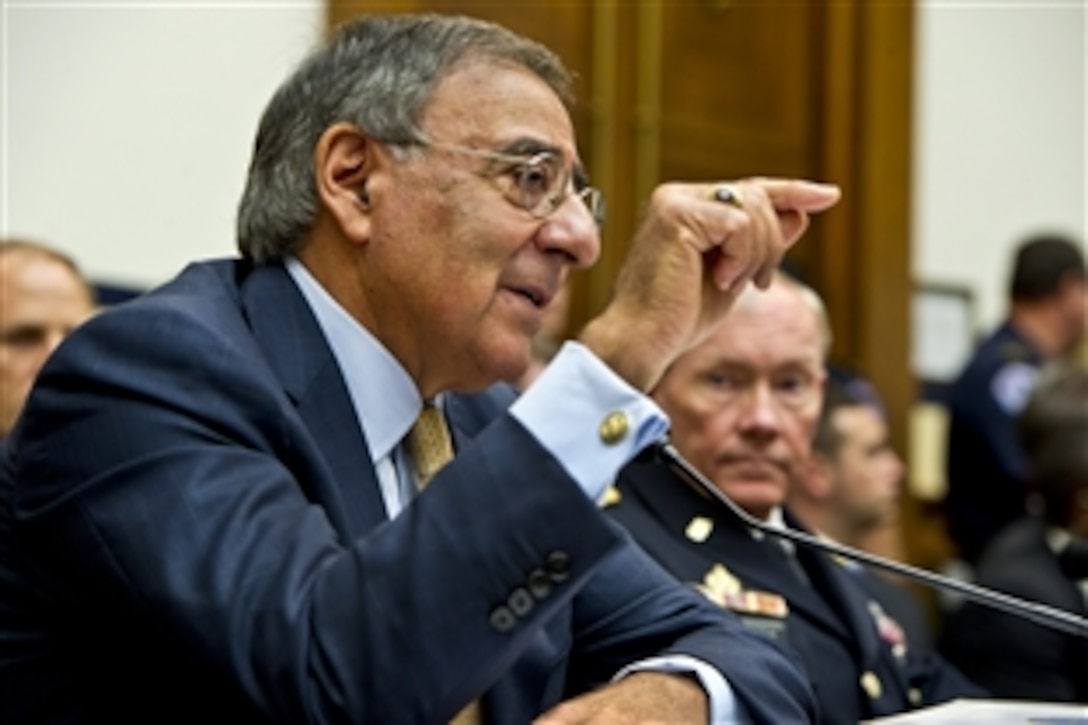 Defense Secretary Leon E. Panetta testifies before the House Armed Services Committee in Washington D.C., Oct. 13, 2011. Panetta and Army Gen. Martin E. Dempsey, chairman of the Joint Chiefs of Staff, testified on the welfare of the U.S. military 10 years after the 9/11 terrorist attacks.