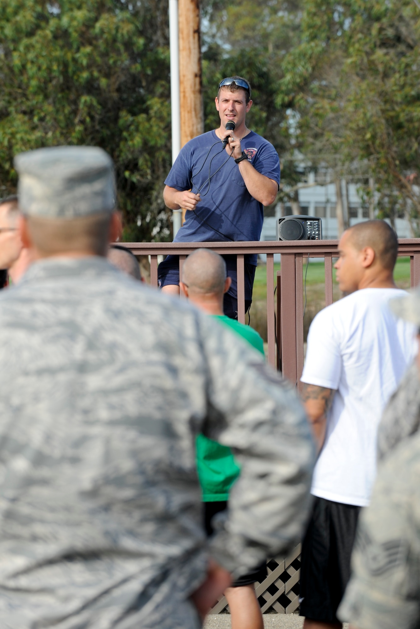 VANDENBERG AIR FORCE BASE, Calif. – Scott Balatgek, a 30th Civil Engineer Squadron fire inspector, talks about safety and the rules for competing in this year’s Fire Muster competition at the parade grounds here Friday, Oct. 14, 2011. The Fire Muster competition is held during Vandenberg’s Fire Prevention week to help demonstrate the physical and mental struggles that firefighters go through. (U.S. Air Force/Staff Sgt. Levi Riendeau)