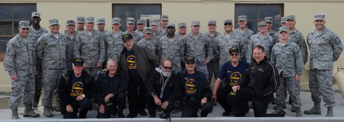The 366th Logistics Readiness Squadron Fuels Flight celebrates the return of seven of its brothers to Mountain Home Air Force Base, Idaho, Oct. 7, 2011. The men served in the same squadron and flight from 1959 to 1963, and their visit to MHAFB marks the 50th anniversary of their service. (U.S. Air Force photo by Senior Airman Angelina Drake/Released) 


