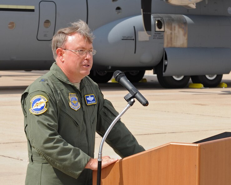 Brig. Gen. Bryan Benson, 18th Air Force vice commander, addresses attendees at the C-130 J-model number nine arrival, Oct. 12 2011, at Dyess Air Force Base, Texas. The aircraft is the ninth of 28 to be delivered to Dyess by 2013, replacing the current aging fleet of C-130 H models. (U.S. Air Force photo by Airman 1st Class Peter Thompson/Released)
