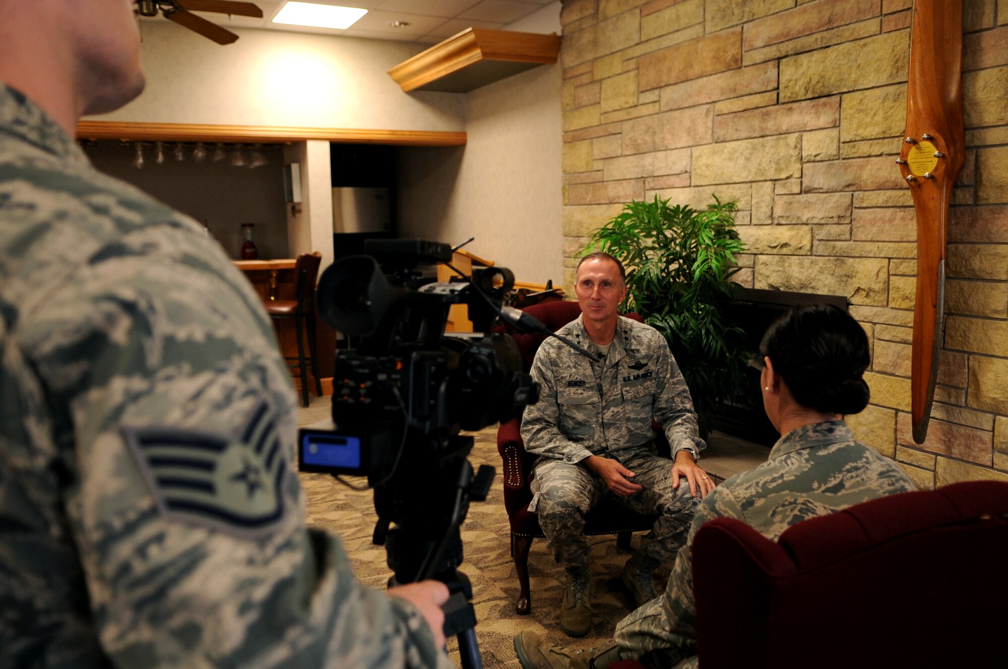 Maj. Gen. William Bender, Expeditionary Center Commander, is interviewed by members of the 319th Public Affairs Office on Grand Forks Air Force Base, N.D., on Oct. 13. (U.S. Air Force photo by Senior Airman Amanda N. Stencil)
