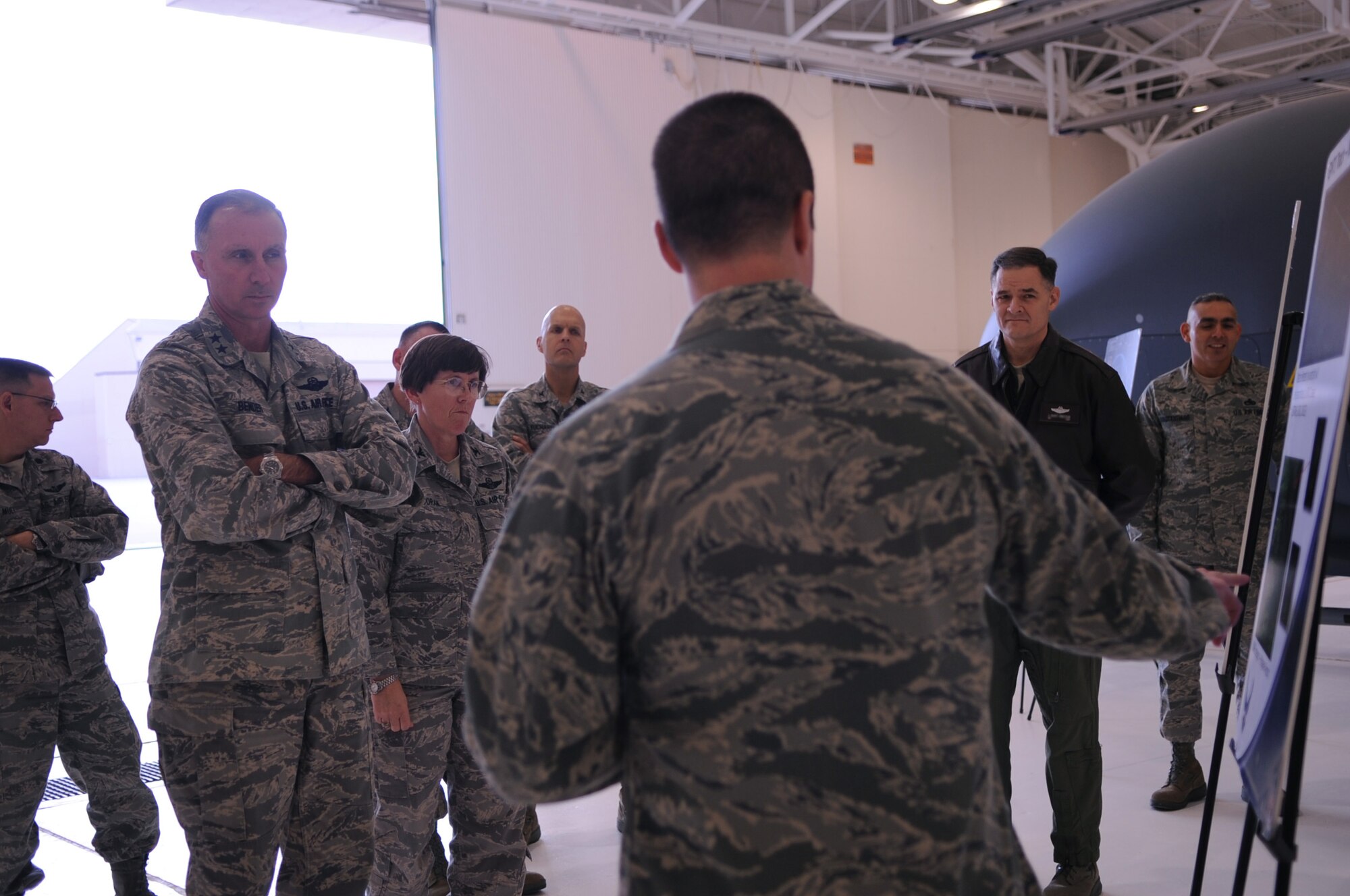 Members from the 69th Reconnaissance Group brief attendees of the U.S. Air Force Expeditionary Center’s Commander’s Conference during an Oct. 13 tour of Grand Forks Air Force Base, N.D. The conference was held Oct. 12-14. (U.S. Air Force photo by Senior Airman Amanda N. Stencil)
