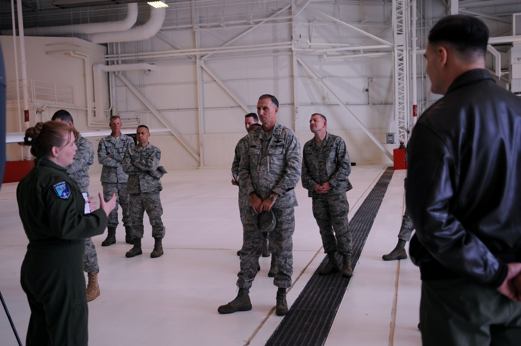 Members from the 69th Reconnaissance Group brief attendees of the U.S. Air Force Expeditionary Center’s Commander’s Conference during an Oct. 13 tour of Grand Forks Air Force Base, N.D. The conference was held Oct. 12-14. (U.S. Air Force photo by Senior Airman Amanda N. Stencil)