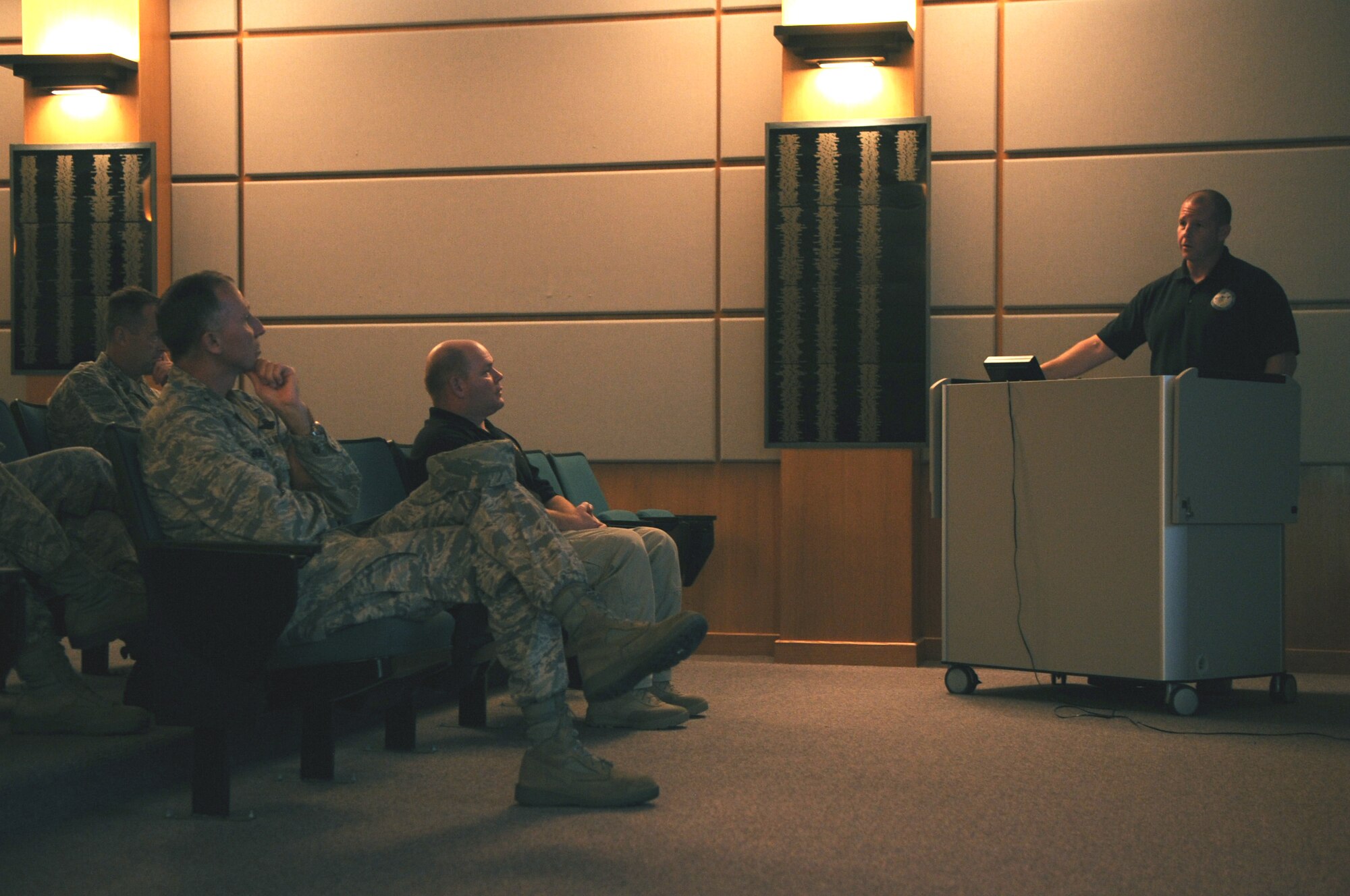 John Priddy (right), director of North Dakota Air Operations of Department of Homeland Security, briefs Maj. Gen. William Bender (left), United States Air Force Expeditionary Center commander, on the departments’  role in North Dakota during an Oct. 13 tour of Grand Forks Air Force Base. (U.S. Air Force photo by Senior Airman Amanda N. Stencil)