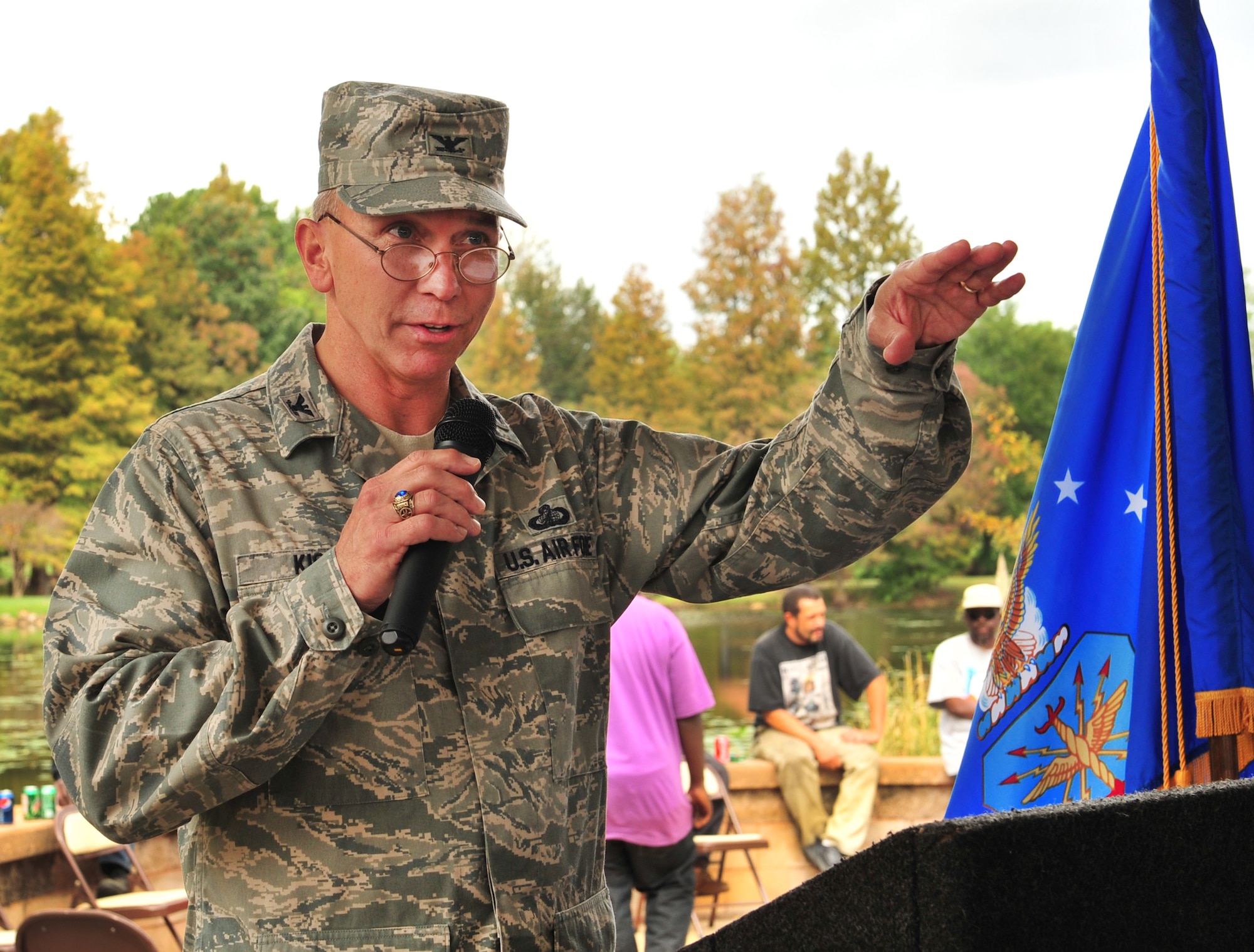 U.S. Air Force Col. Scott Kiser, Air Combat Command chief of contracting, speaks during the AbilityOne appreciation picnic at the Memorial Lake pavilion in support of National Disability Employment Awareness Month at Shaw Air Force Base, S.C. Oct. 13, 2011. The AbilityOne program is a federal initiative to help people who are blind or have other severe disabilities find employment by working for nonprofit agencies that sell products and/or services to the U.S. government. (U.S. Air Force photo by Airman 1st Class Amber E. N. Jacobs/Released)