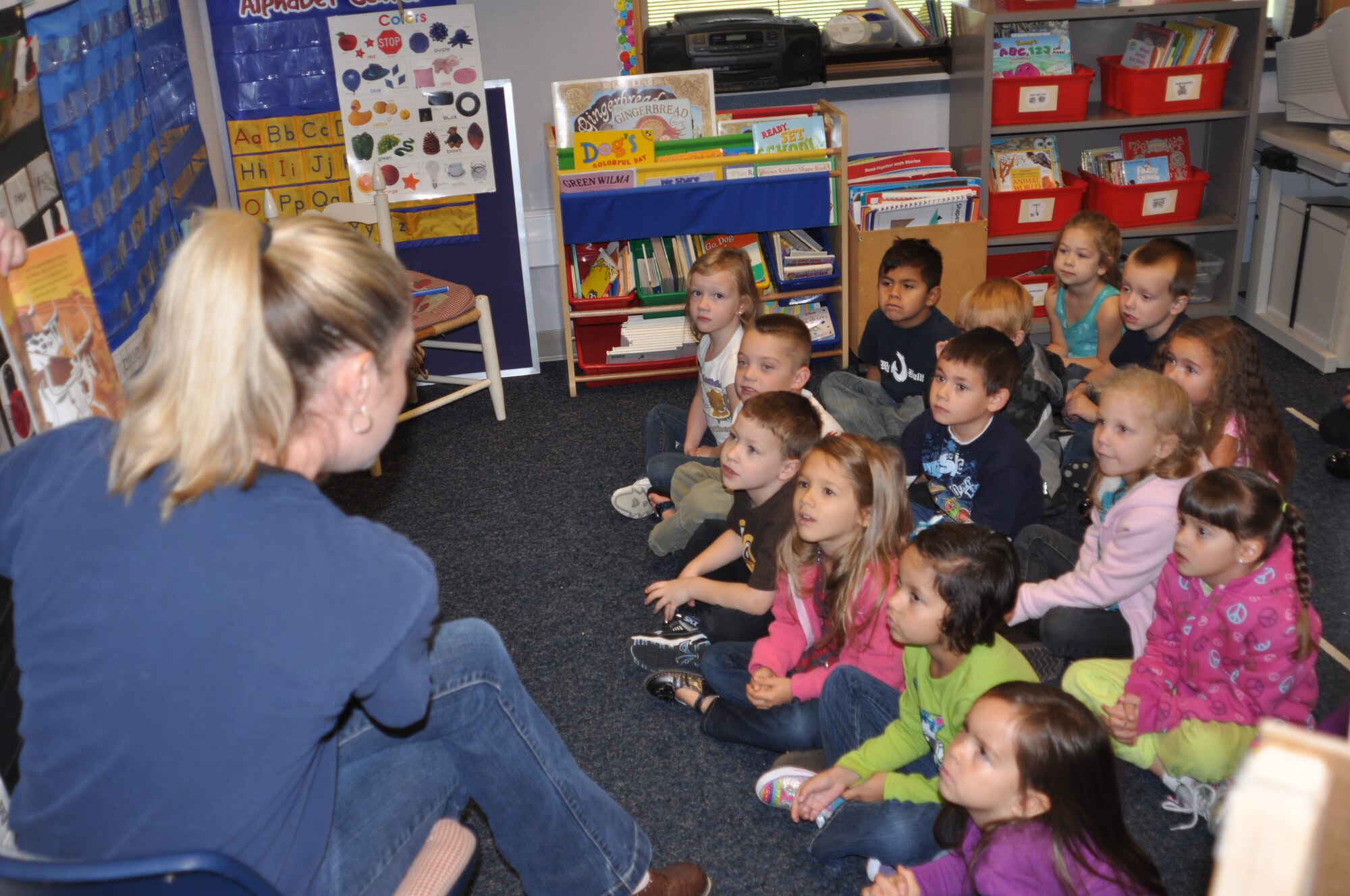 Jessica Brock, a Michael Anderson Elementary School kindergarten teacher reads to her class on Oct. 7. The school is part of the Medical Lake School District and has a variety of programs that help military families. (U.S. Air Force photo/Scott King)
