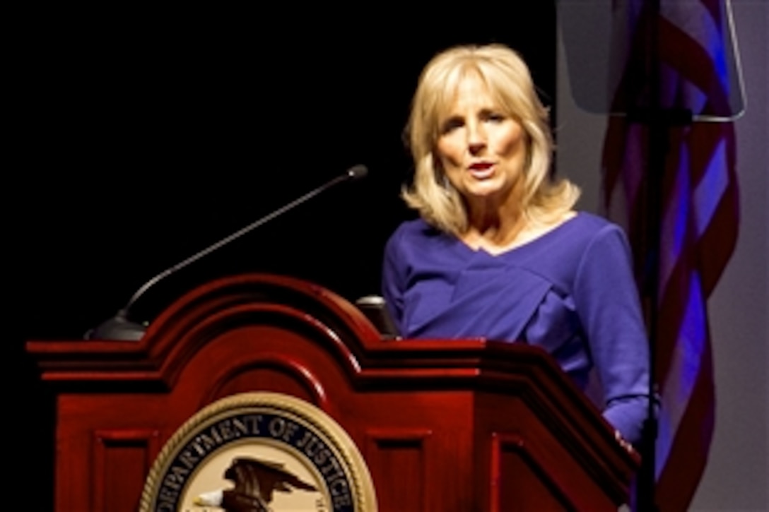 Dr. Jill Biden, wife of Vice President Joe Biden, addresses the audience at the Office of Juvenile Justice and Delinquency Prevention National Conference at National Harbor, Md., Oct. 14, 2011. Biden spoke to child support professionals on behalf of military children, citing the challenges and stresses they endure.