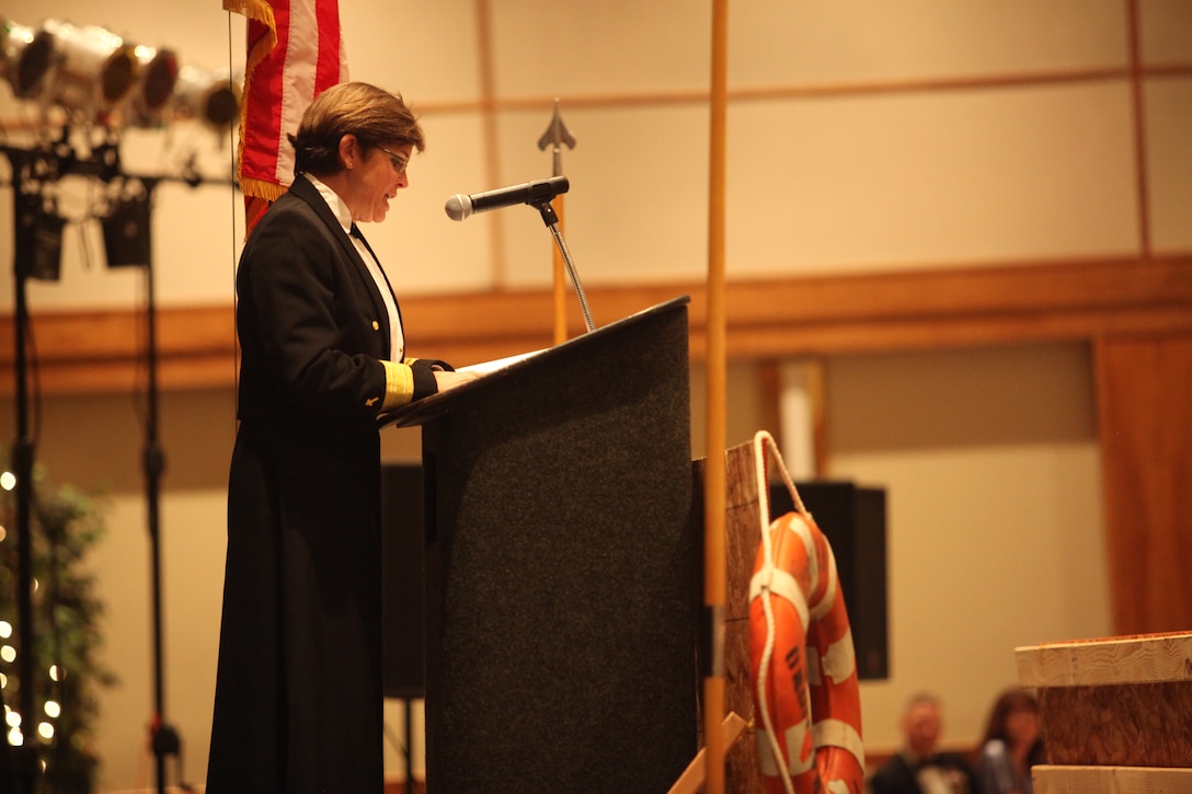 Chaplain of the Marine Corps Rear Admiral Margaret Grun Kibben gives her birthday message to sailors from Marine Corps Base Camp Lejeune and Marine Corps Air Station Cherry Point at the 236th Marine Corps Birthday Ball at the New Bern Convention Center, New Bern, N.C., Oct. 15.