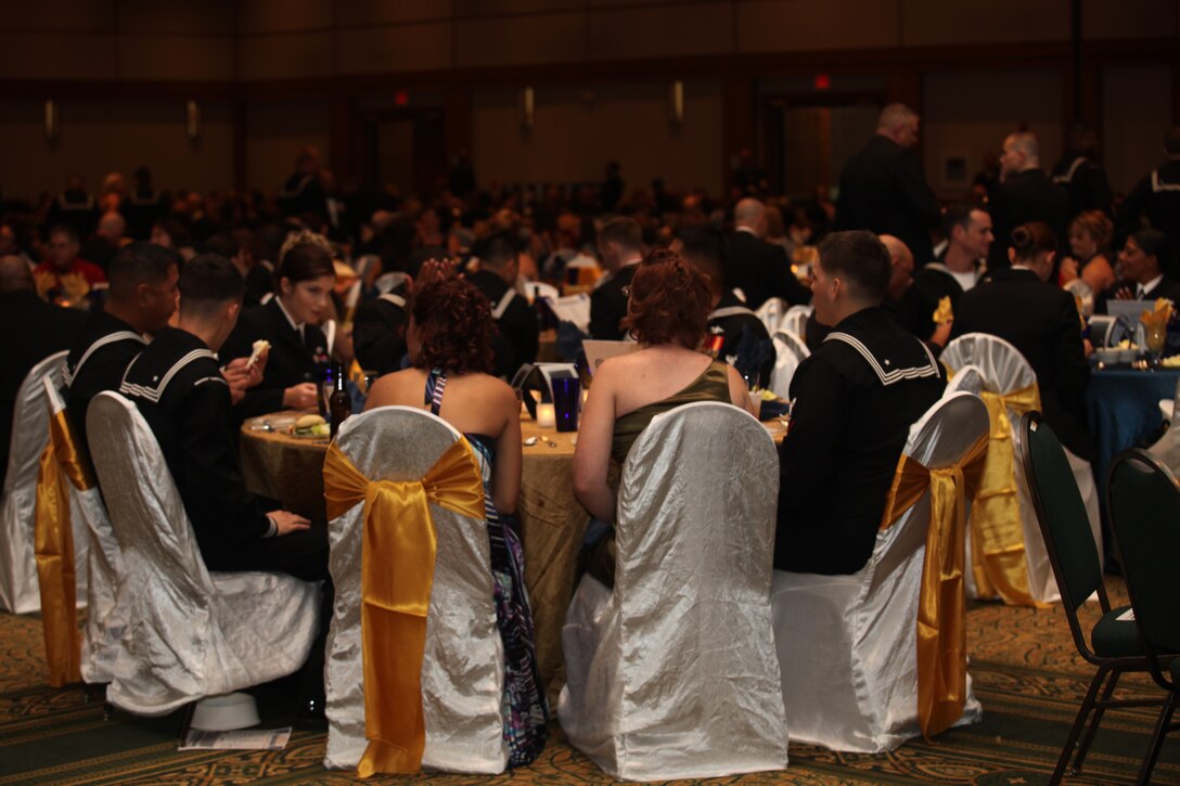 Sailors from both Marine Corps Base Camp Lejeune and Marine Corps Air Station Cherry Point celebrate the 236th birthday of the United States Navy, Oct. 15, at the New Bern Convention Center, New Bern, N.C.