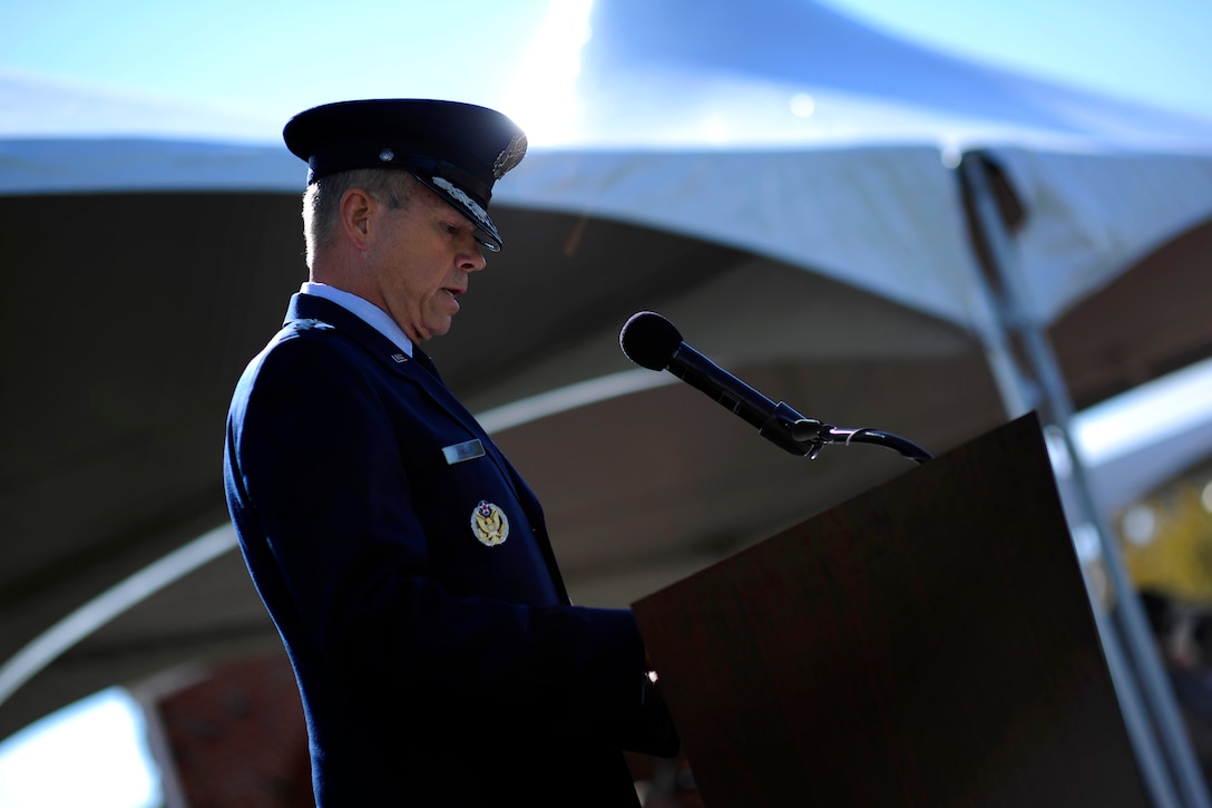 Air Force Gen. William M. Fraser III delivers remarks after he assumed leadership of U.S. Transportation Command from Air Force Gen. Duncan J. McNabb during a ceremony at Scott Air Force Base, Ill., Oct. 14, 2011.