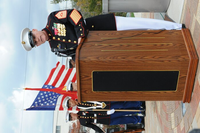 Sgt. Maj. Micheal P. Barrett, the 17th Sergeant Major of the Marine Corps, speaks at the Lance Cpl. David A. Mendez Ruiz Memorial Highway dedication ceremony, Oct. 15, 2011.
