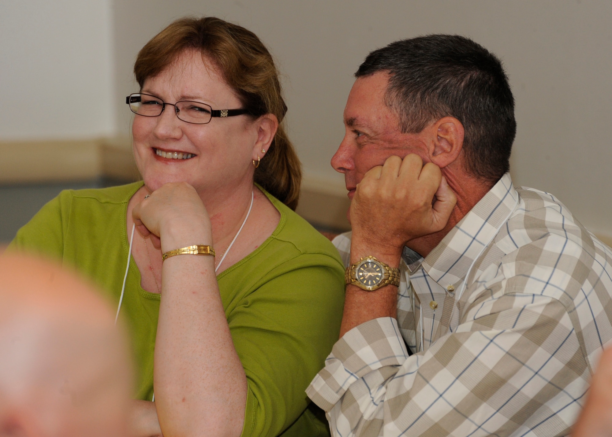 Oregon Chief Master Sgt. Steve Nichols, of the 116th ACS, and his wife Nancy attend one of the many break-out sessions during the Yellow Ribbon Event held at the Governor Hotel in Portland, Ore., on Sept. 24, 2011. (U.S. Air Force photograph by Tech. Sgt. John Hughel)