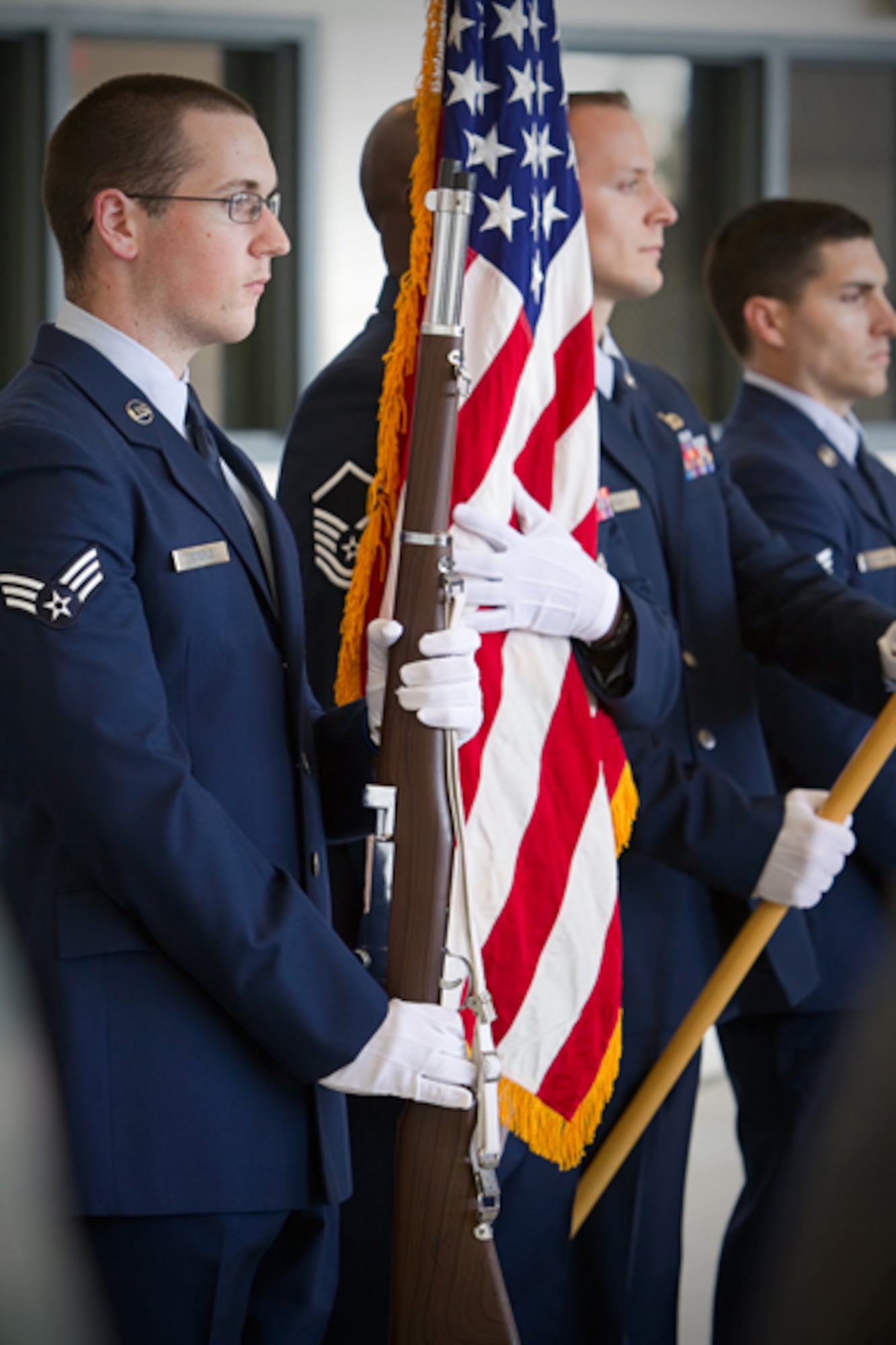 JOINT BASE ANDREWS, Md. -- 459th Air Refueling Wing honor guard Airmen post the colors during a change of command ceremony here Oct. 15. Colonel Samuel Mahaney took the reins of the 459th ARW from Colonel Russell Muncy at the ceremony. Colonel Muncy is now the commander of the 507th Air Refueling Wing at Tinker Air Force Base, Okla. (U.S. Air Force photo/Staff Sgt. John Meyer)