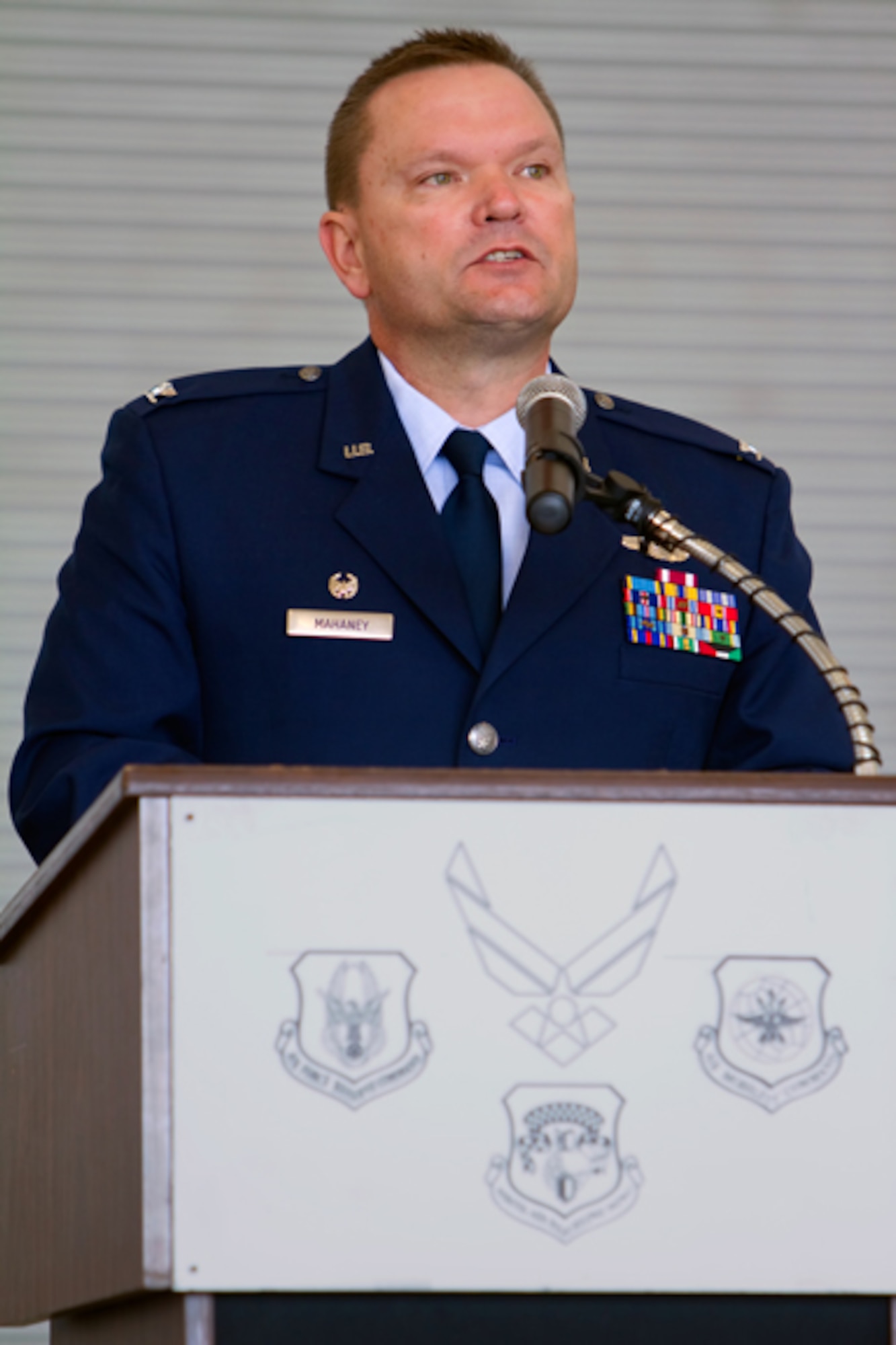 JOINT BASE ANDREWS, Md. -- Col. Samuel C. Mahaney addresses 459th Air Refueling Wing Aimen in a change of command ceremony here Oct. 15. Colonel Mahaney took the reins of the 459th ARW from Col. Russell A. Muncy, who is now the commander of the 507th Air Refueling Wing at Tinker Air Force Base, Okla. (U.S. Air Force photo/Staff Sgt. John Meyer)