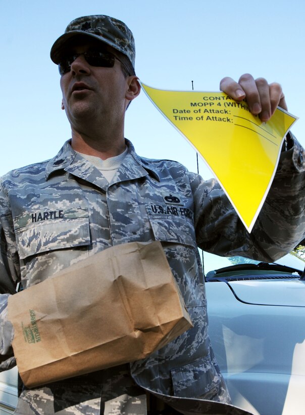 At the Eagle's Nest picnic area on Dover Air Force Base, Del., Lt. Col. James Hartle, 512th Maintenance Group  commander, illustrates the items needed to decontaminate a vehicle for the upcoming Operational Readiness Inspection, Oct. 15, 2011. The ORI refresher course encompassed nine stations, including asset-covering instruction and a zone transition-point tutorial.  (U.S. Air Force photo by Staff Sgt. Andria J. Allmond) 