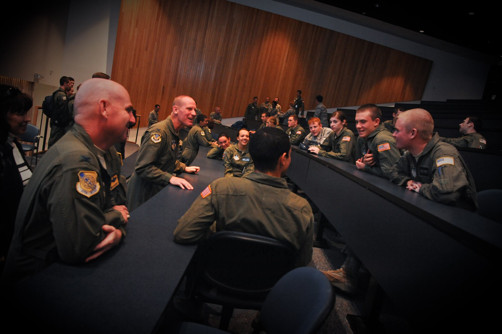 Col. Sam Barrett, 15th Wing commander, mentors cadets from the Fighting Fourth Training Squadron at the United States Air Force Academy, Colorado Springs, Co., Oct. 12. Barrett spoke the cadets about active-duty Air Force life and gave insight to the many career fields the Air Force has to offer. The cadets ranged from freshman to seniors who were about to graduate and earn their commission. (U.S. Air Force photo/Senior Airman Lauren Main)

