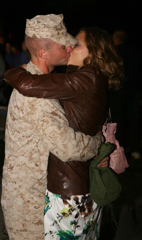 Marines with 2nd Combat Engineer Battalion, 2nd Marine Division, greet Marines from the same unit who came back early from their deployment due to injuries sustained while deployed in Afghanistan. 2nd CEB returned from a seven-month deployment Monday.