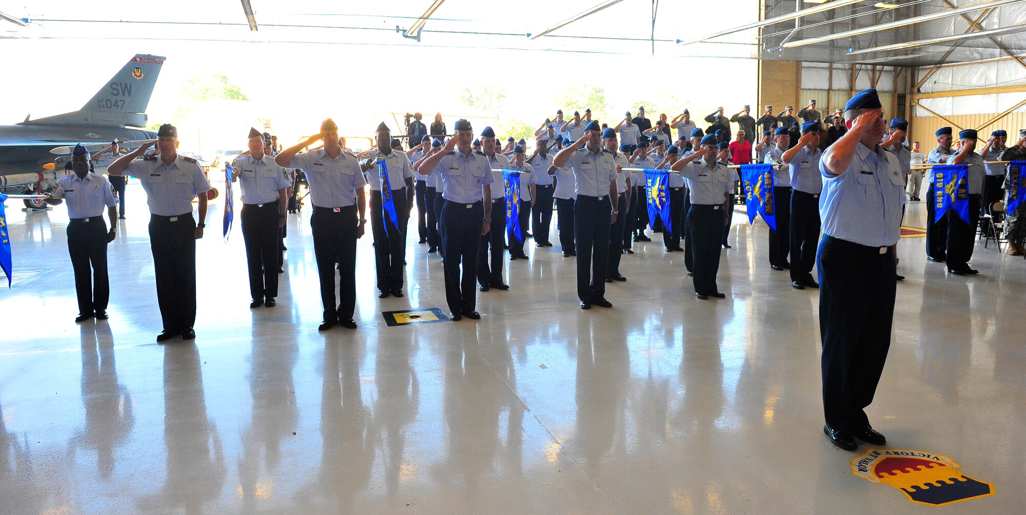 U.S. Air Force Airmen, salute as the official party arrives during the 9th Air Force Change of Command Ceremony, Oct. 17, 2011, Shaw Air Force Base, S.C. The 9th Air Force is comprises seven wings and two direct reporting units in the eastern United States with more than 350 aircraft, and 24,000 active duty and civilian personnel. (U.S. Air Force photo by Airman 1st Class Neil D. Warner/Released)