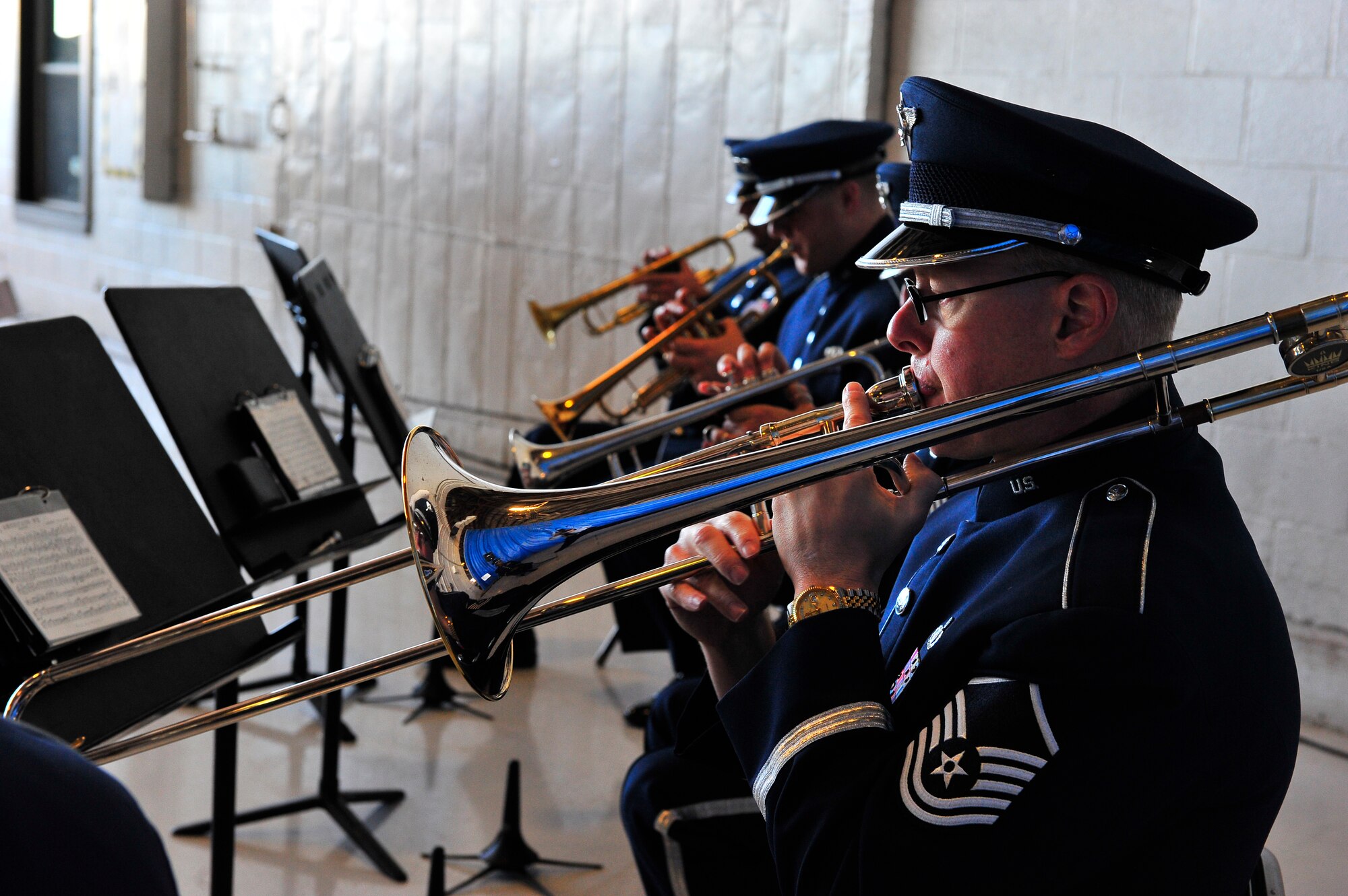 U.S. Air Force Master Sgt. John Cisar, Heritage of American Band Member and other Heritage of America Band members, perform at the 9th Air Force Change of Command Ceremony, Oct. 17, 2011, Shaw Air Force Base, S.C. The 9th Air Force is comprises seven wings and two direct reporting units in the eastern United States with more than 350 aircraft, and 24,000 active duty and civilian personnel. (U.S. Air Force photo by Airman 1st Class Neil D. Warner/Released)