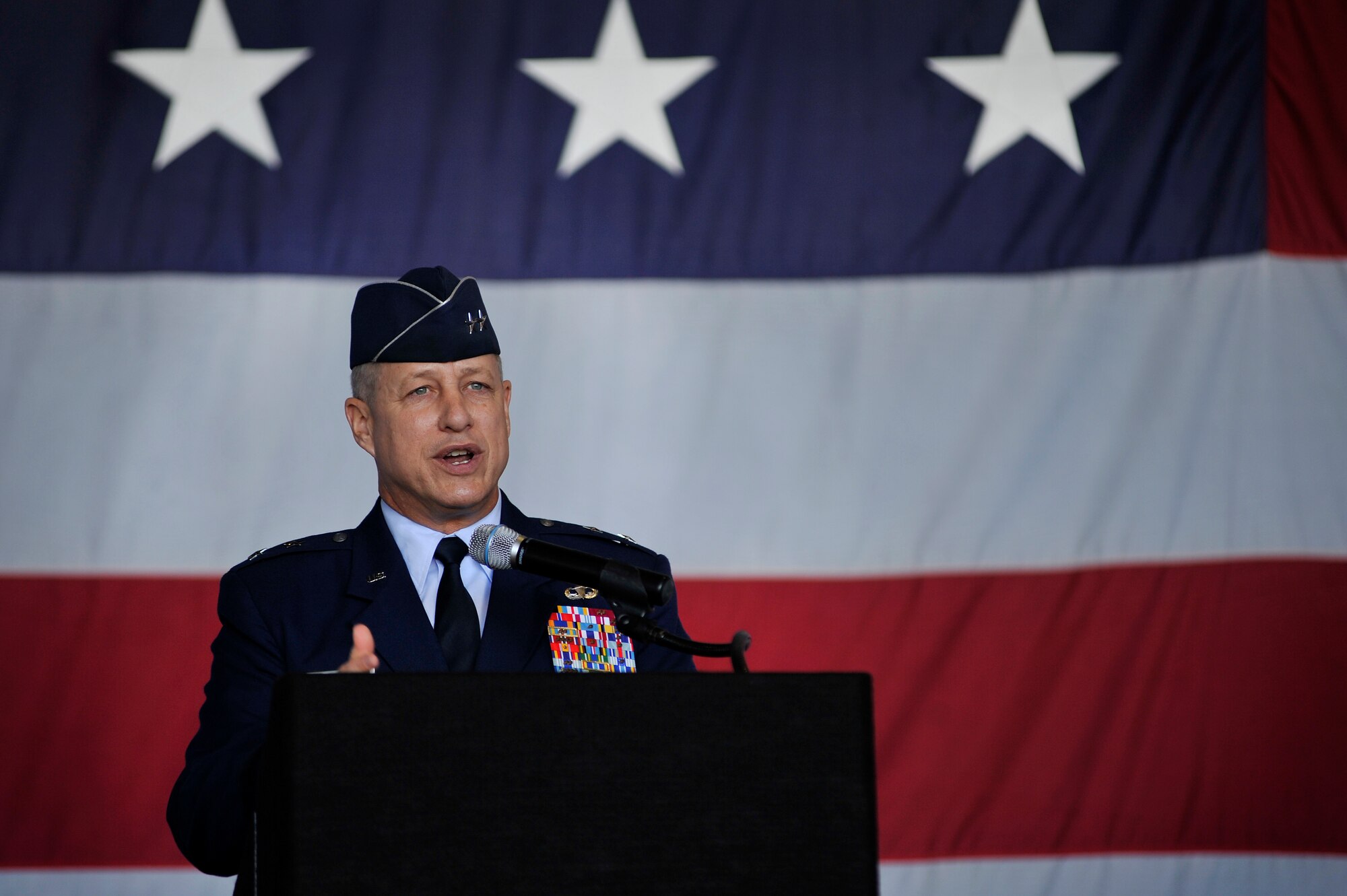 U.S. Air Force Maj. Gen. Lawrence Wells, 9th Air Force commander, says a few words at the 9th Air Force Change of Command ceremony after taking command, Oct. 17, 2011, Shaw Air Force Base, S.C. The 9th Air Force comprises seven wings and two direct reporting units in the eastern United States with more than 350 aircraft, and 24,000 active duty and civilian personnel. (U.S. Air Force photo by Senior Airman Kenny Holston/Released)



