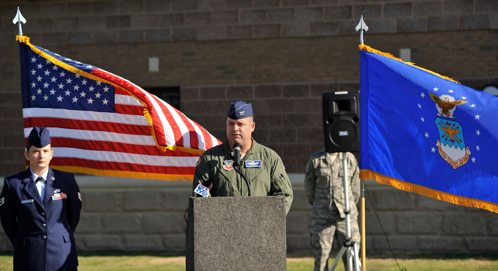 U.S. Air Force Col. Don Godier, 20th Fighter Wing vice commander, (left) speaks at the grand opening of the Shaw Fitness Center Annex, Oct. 14, 2011, Shaw Air Force Base, S.C. The new fitness center provides additional space and equipment to accommodate the influx of 3rd Army personnel. (U.S. Air Force photo by Senior Airman Kenny Holston/Released) 