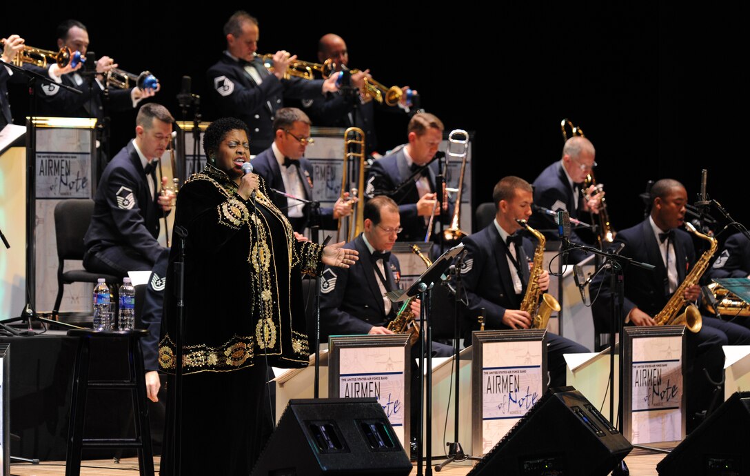 Carmen Bradford, jazz vocalist, performs with the Airmen of Note, during their 2011 Jazz Heritage Series at the George Washington University, Oct. 15. There are still two more chances to see the Airmen of Note and special guests perform – Nov. 4 and Nov. 18.  All of the concerts are free; no tickets are needed. The concerts are at Lisner Auditorium, The George Washington University, 730 21st Street N.W., Washington, D.C. beginning at 8 p.m. (U.S. Air Force photo by Staff Sgt. Christopher Ruano)