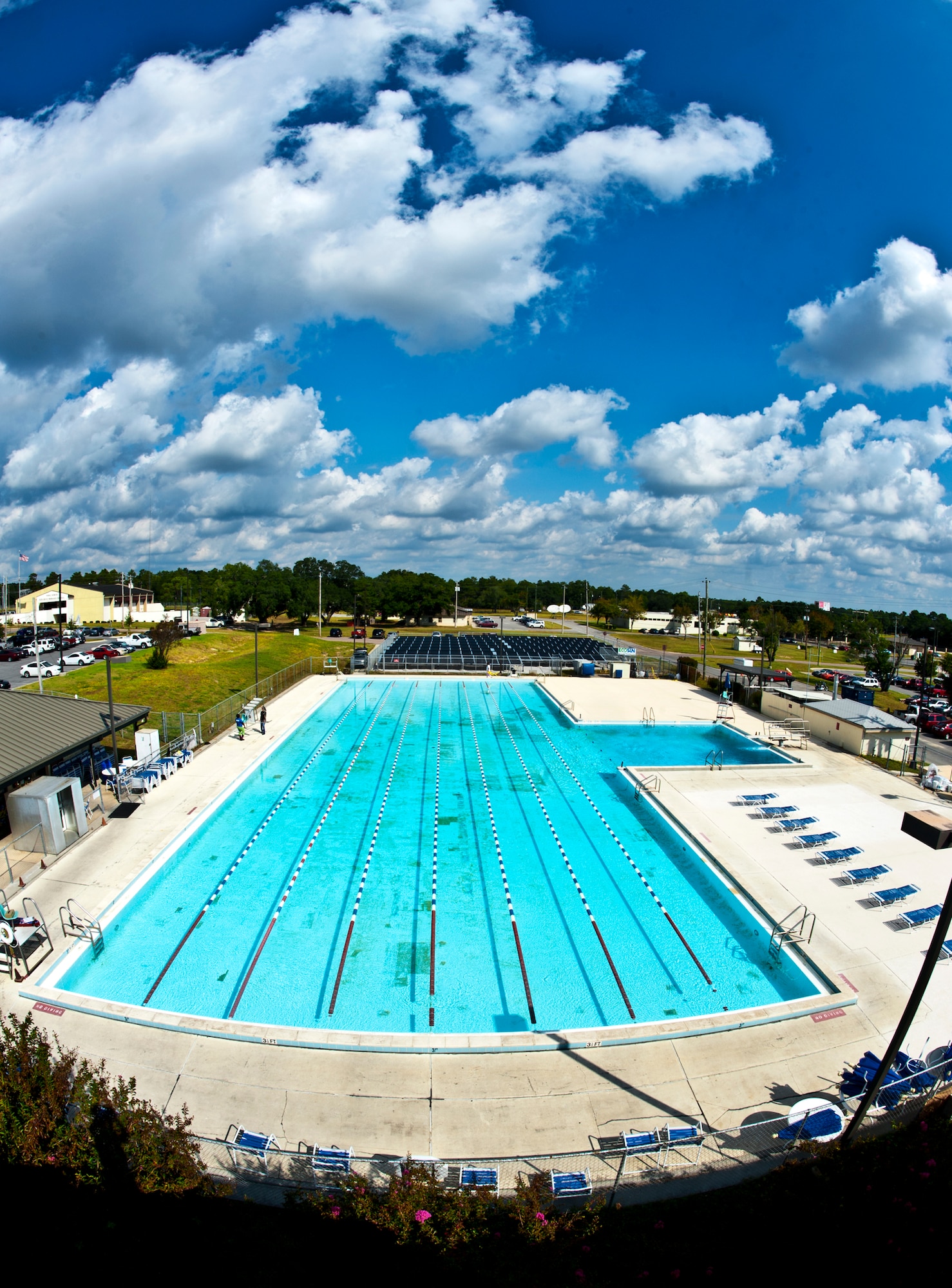 Newly installed black polypropylene solar panels with UV inhibitors actively heat the water of the Eglin Air Force Base pool.  The new panels will heat the pool constantly from March to December.  Every two minutes, 1,323 gallons of water cycle through the solar collectors absorbing the heat. (U.S. Air Force photo/Samuel King Jr.)