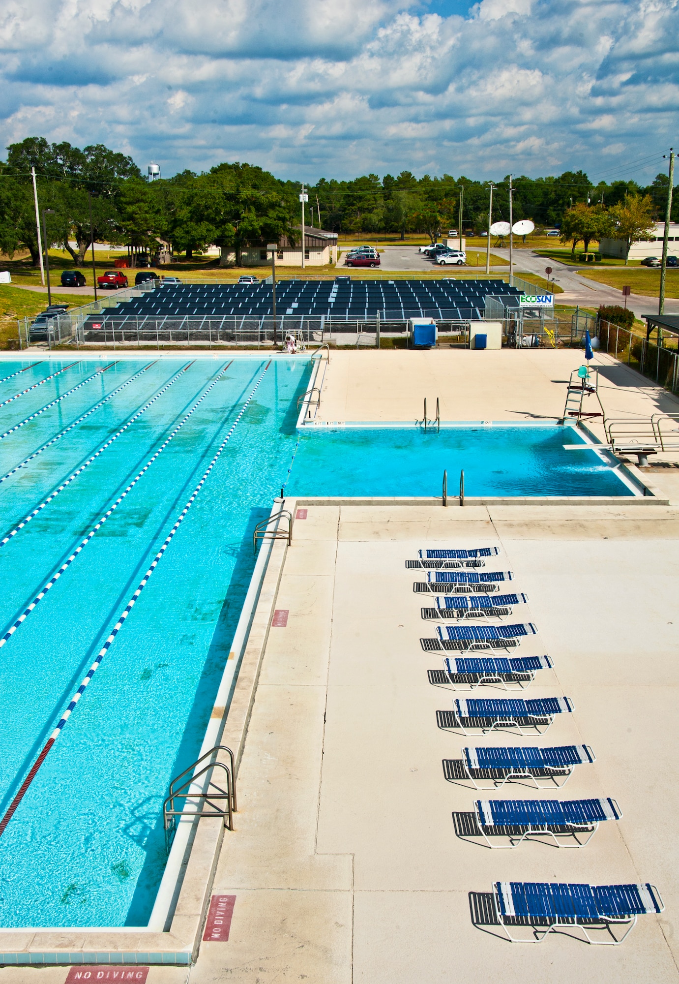 Newly installed black polypropylene solar panels with UV inhibitors actively heat the water of the Eglin Air Force Base pool.  The new panels will heat the pool constantly from March to December.  Every two minutes, 1,323 gallons of water cycle through the solar collectors absorbing the heat.  (U.S. Air Force photo/Samuel King Jr.)