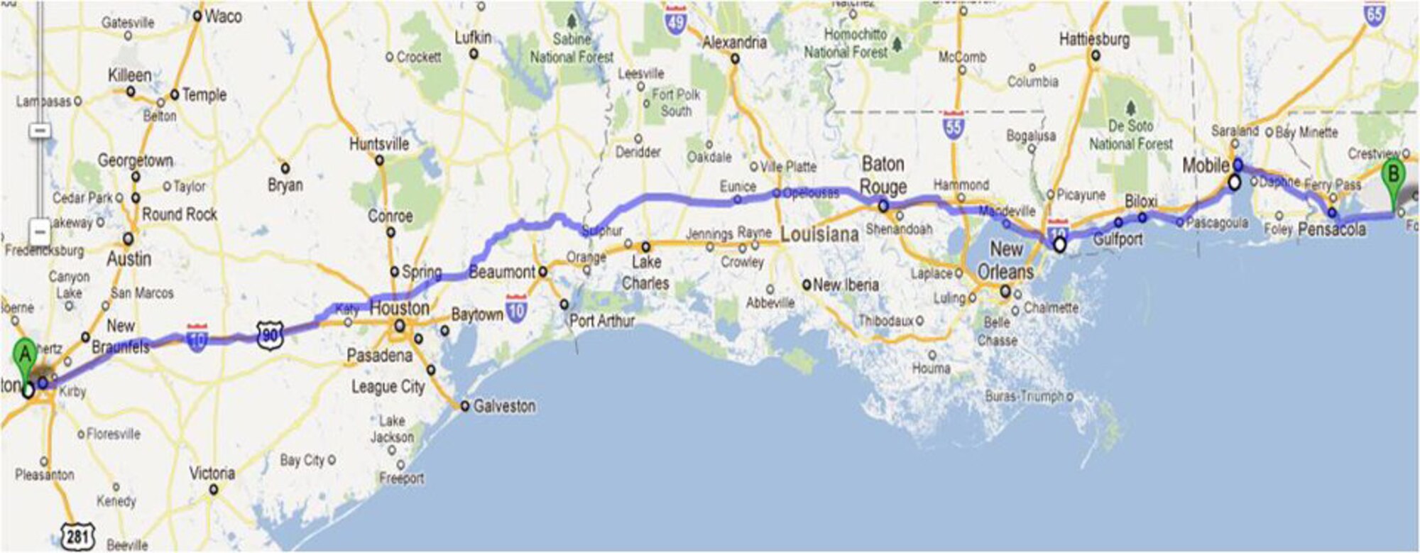 Route map for Tim David Memorial March, from Lackland Air Force Base, Texas to Hurlburt Field, Fla., Oct 16 to 26, 2011.