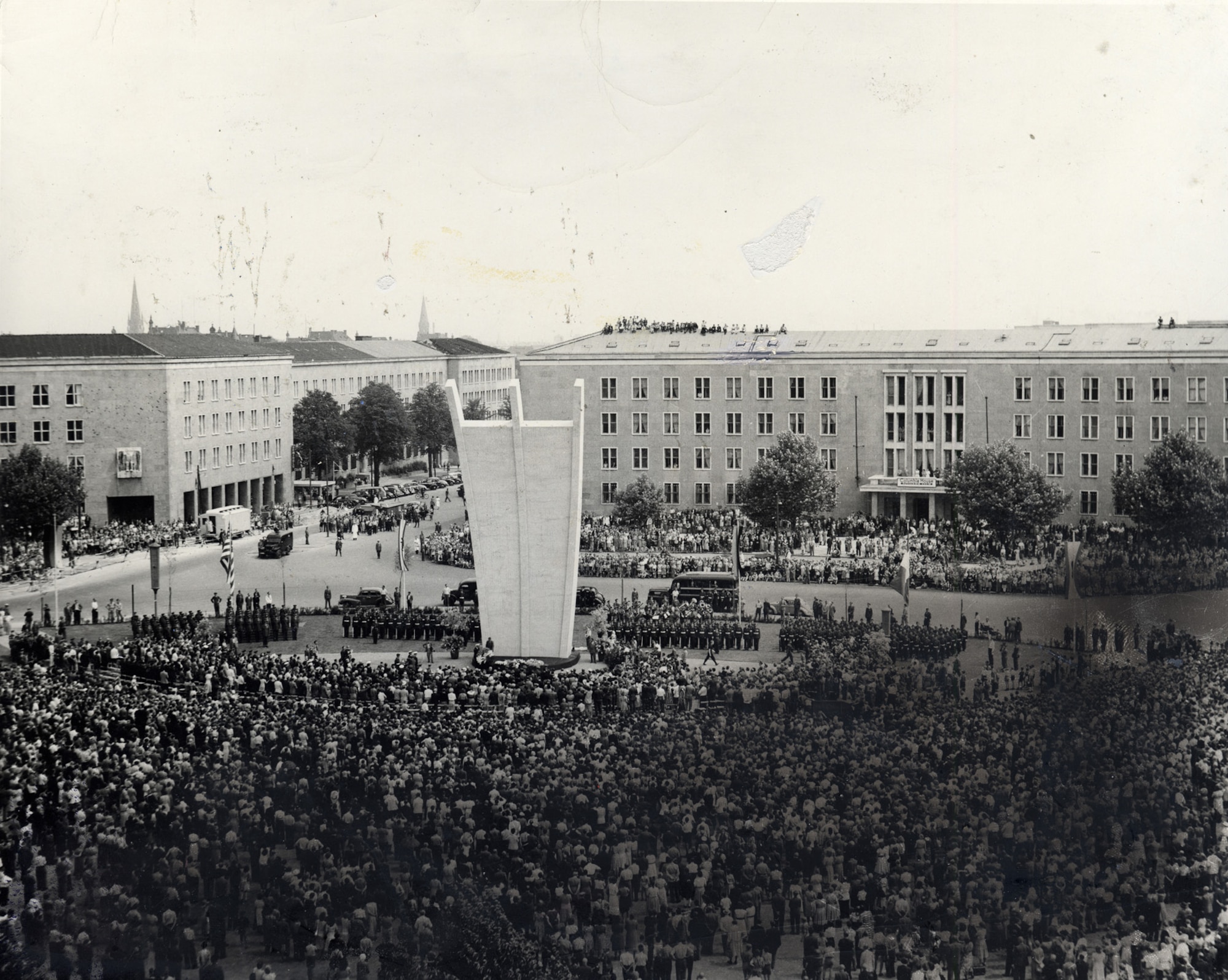 The dedication of the Berlin Airlift Memorial in the Lufbruke Platz during the fall of 1952. (U.S. Air Force photo)