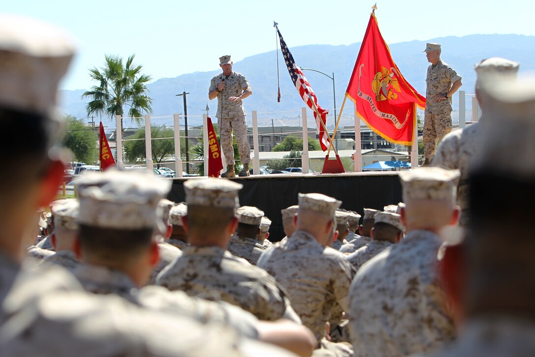 MARINE CORPS AIR GROUND COMBAT CENTER TWENTYNINE PALMS, Calif. -- Sergeant Major of the Marine Corps Sgt. Maj. Micheal P. Barrett gives a motivational speech to 7th Marine Regiment, 1st Battalion, 7th Marine Regiment, 1st Unmanned Aerial Vehicle Squadron, Marine Wing Support Squadron 374, Marine Corps Communication-Electronics School and Headquarters Battalion at Lance Cpl. Torrey L. Gray Field here, Oct. 17.