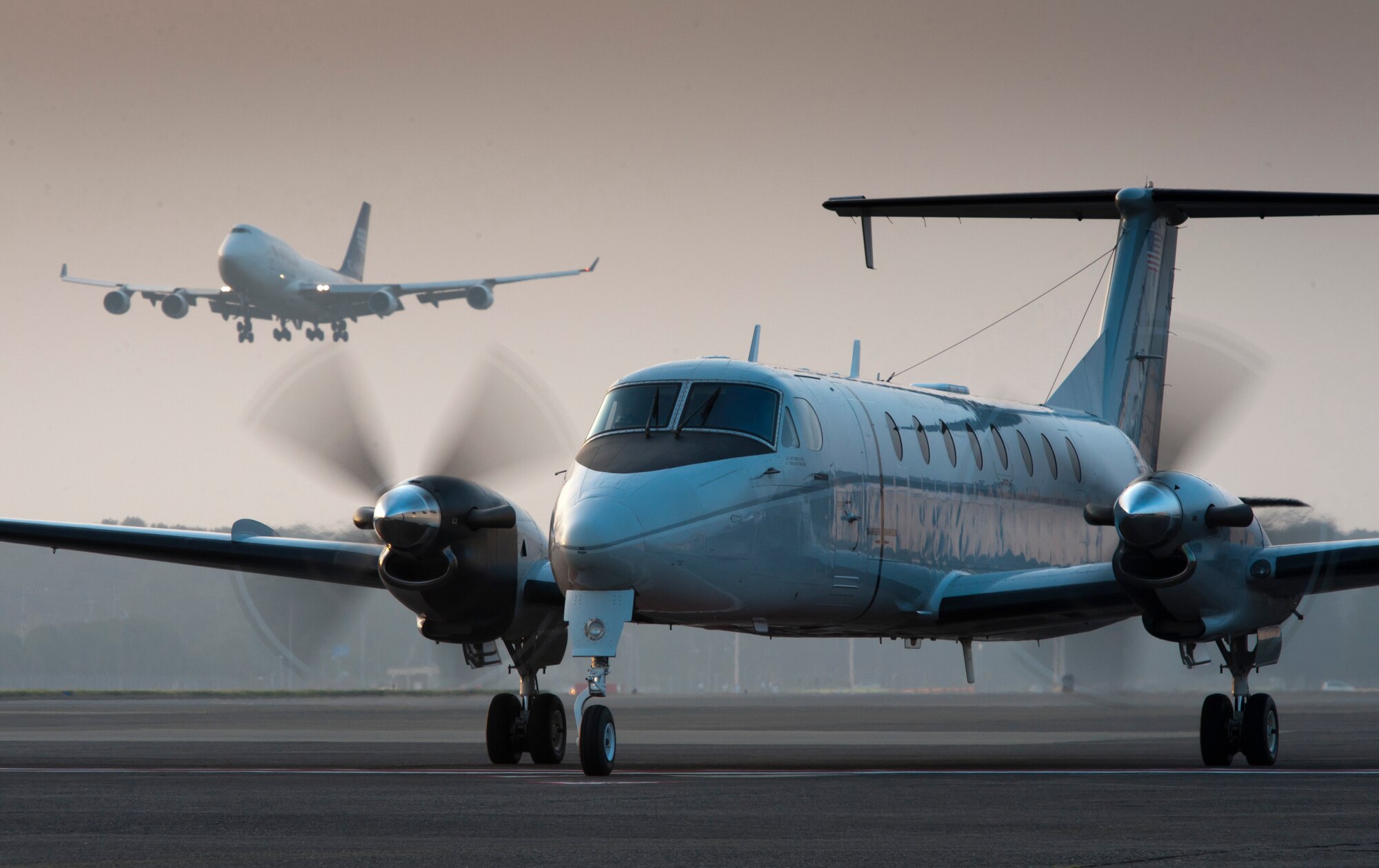 YOKOTA AIR BASE, Japan -- A C-12 Huron starts up on the flightline at Yokota Air Base, Japan, Oct. 14, 2011. The C-12 Huron's operations range from distinguished visitor transport to search-and-rescue missions. (U.S. Air Force photo/Staff Sgt. Samuel Morse) 