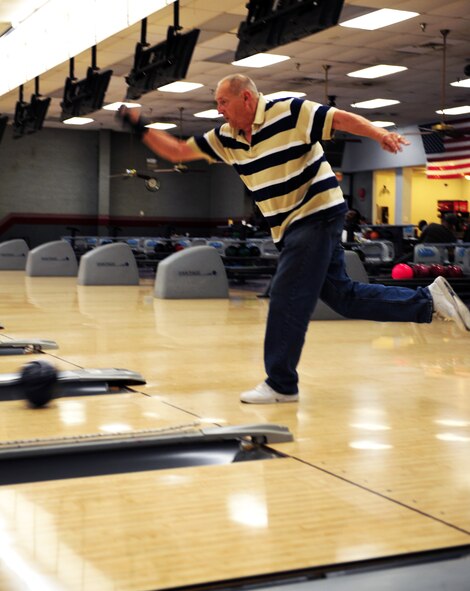 Retired Army Master Sgt. Charles Loper bowls at Barksdale Lanes on Barksdale Air Force Base, La., Oct. 18. Barksdale Lanes is one of many facilities that offers recreational activities for service members and their families. (U.S. Air Force photo/Airman 1st Class Benjamin Gonsier)(RELEASED)