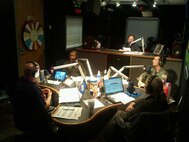 Capt. Carmen Thompson and Maj. Brad Davis, pilots with the 916th Air Refueling Wing, talk to G105.1 FM's Bob and the Showgram on Oct. 18, 2011. (USAF photo by Maj. Erin Karl, 916ARW/PA)