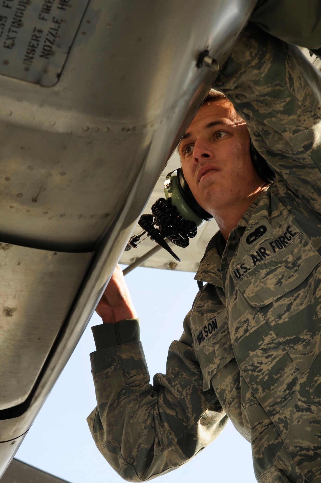Airman 1st Class Joshua Wilson, 86th Aircraft Maintenance Squadron crew chief, from Ramstein Air Base, Germany, works on a C-130J Super Hercules engine during Operation Thracian Fall 2011, Oct. 18, 2011 in Plovdiv, Bulgaria. OTF11 is an off-station training exercise designed to enhance interoperability between U.S. and Bulgarian Air Forces as well as build partnerships with paratroopers from both. (U.S. Air Force photo by Senior Airman Stephen J. Otero)