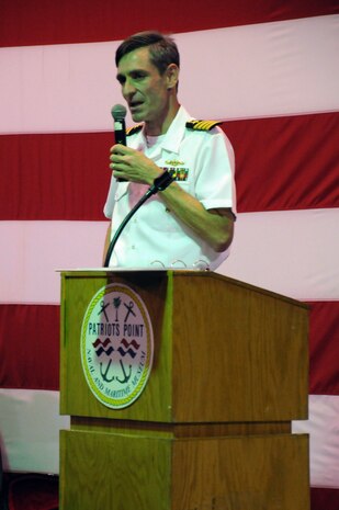 Navy Captain Ralph Ward delivers remarks to audience members during the Navy Birthday Celebration onboard the USS Yorktown at Patriots Point Naval and Maritime Museum, Oct. 14. The celebration commemorates the Navy's 236th birthday, when the Continental Congress established the procurement, fitting out, manning and dispatching of armed vessels in 1775. Ward is the Joint Base Charleston deputy commander. (U.S. Navy photo/Petty Officer 3rd Class Brannon Deugan)